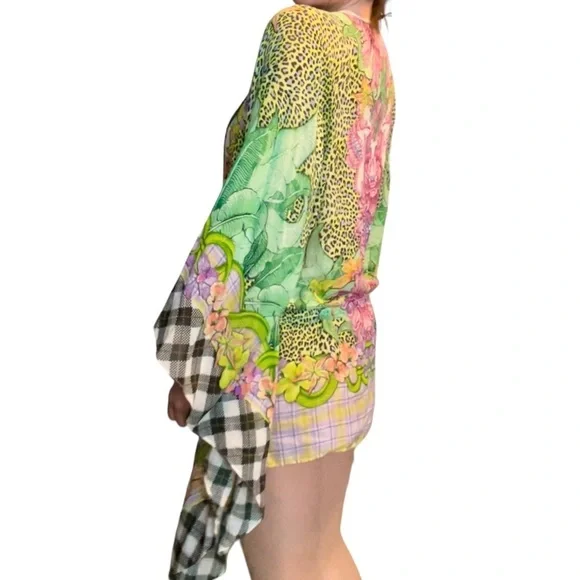 Just Cavalli 1990s Green Pink Multicolored floral Silk Tunic Kaftan Top dress - Picture 3 of 16